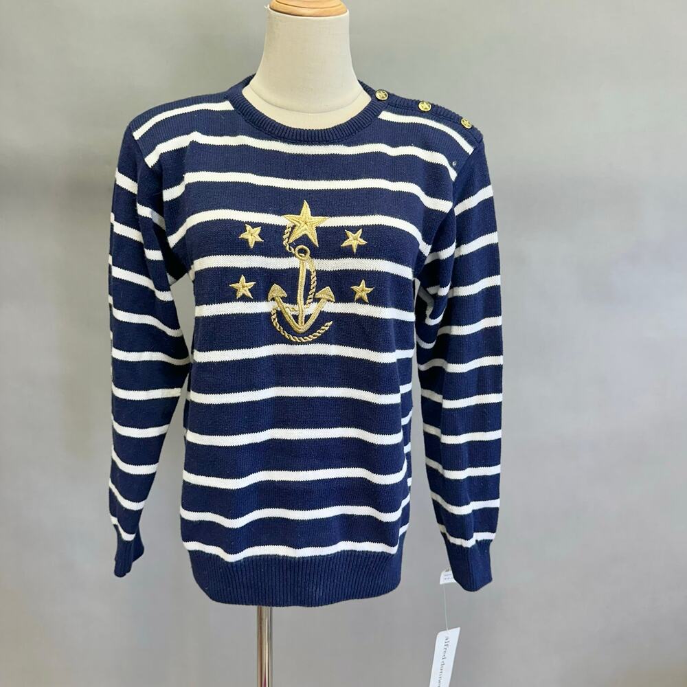 Alfred Dunner 90s Navy White‎ Stripe Nautical Maritime sweater Size Medium NWT